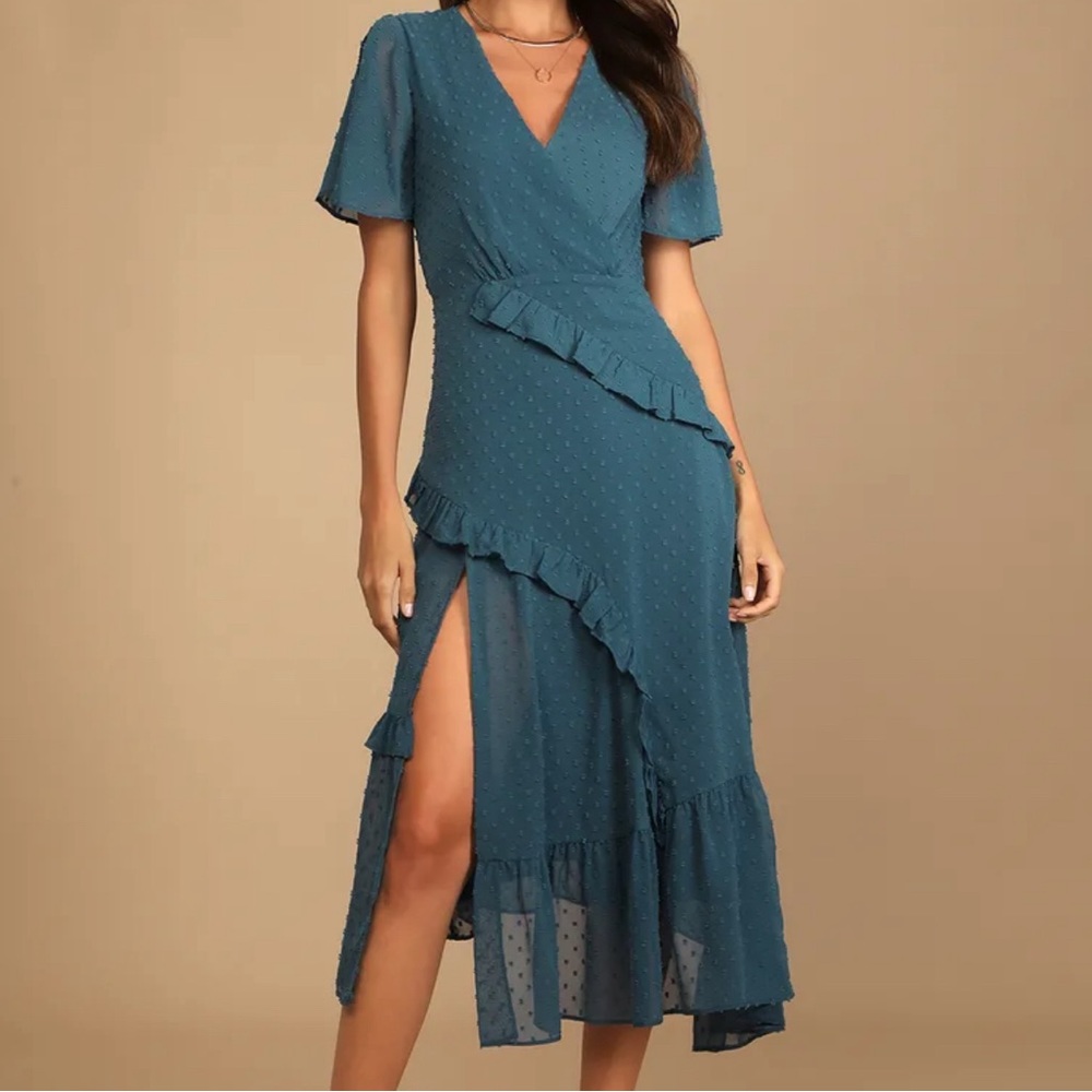 Blue Swiss Dot Ruffled Midi Dress
